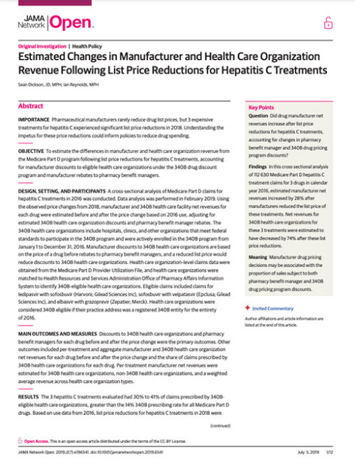 Estimated Changes in Manufacturer and Health Care Organization Revenue Following List Price Reductions for Hepatitis C Treatments