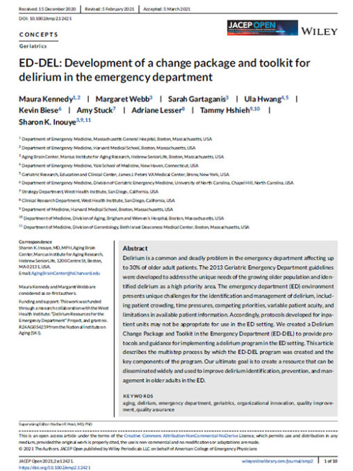 ED- DEL: Development of a Change Packet and Toolkit for Delirium in the Emergency Department