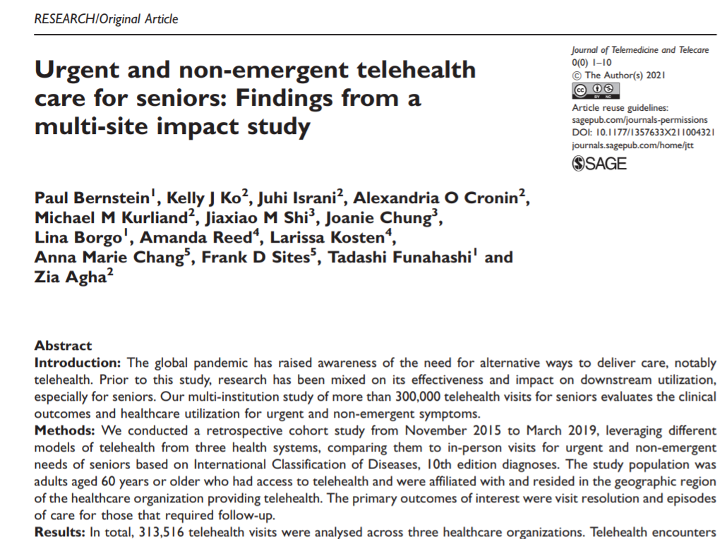 Urgent and non-emergent telehealth care for seniors: Findings from a multi-site impact study